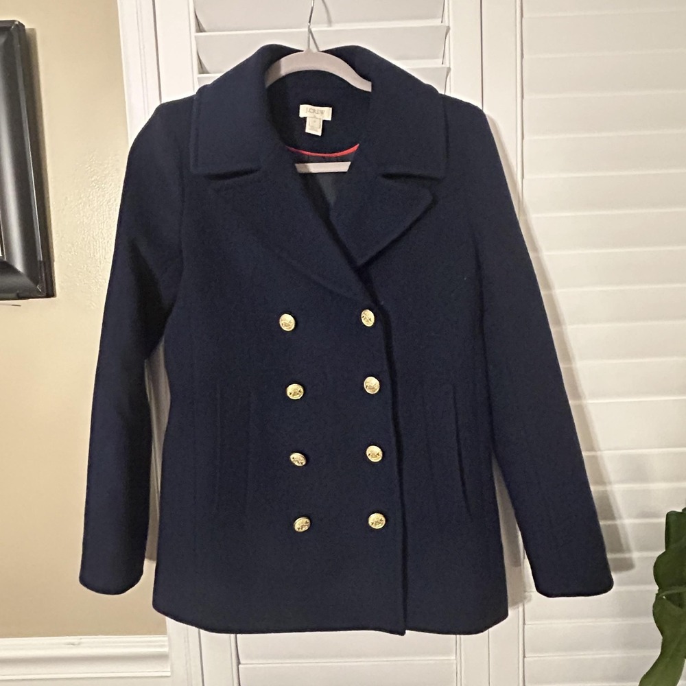J Crew Pea Coat Womens 2 Navy Wool Blend Double‎ Breasted Gold Buttons Short